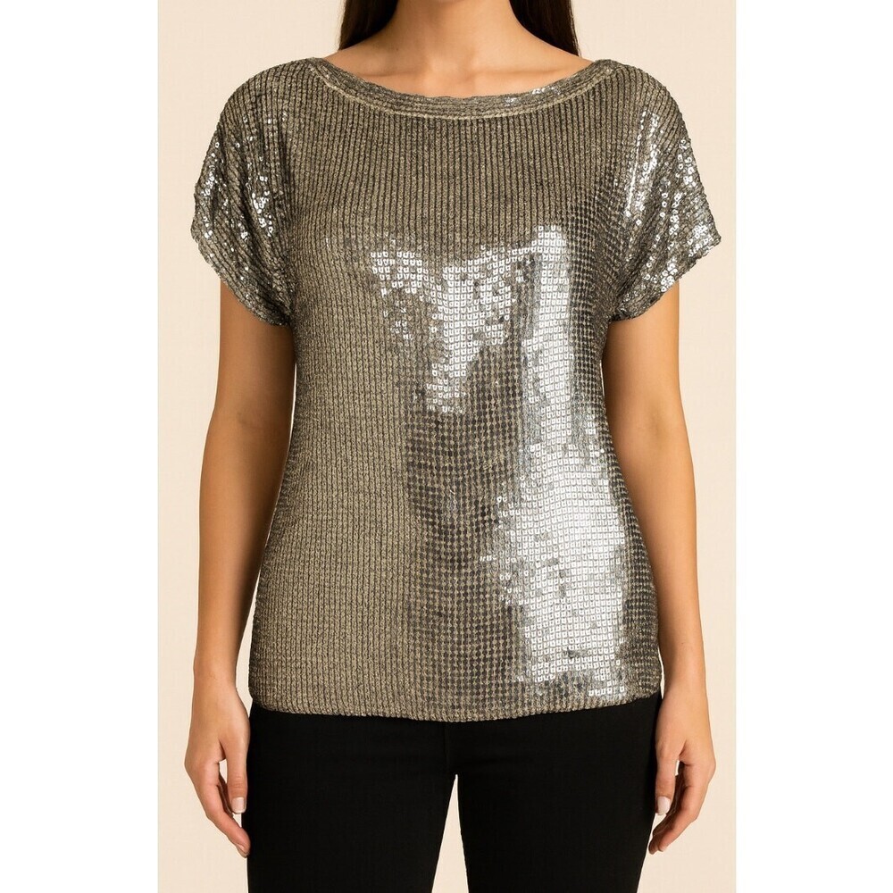 Alice & Olivia sparkle sequined crew neck top blouse NEW silver disco SZ XS $368